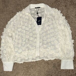 Adrianna Papell White Textured Floral Blouse